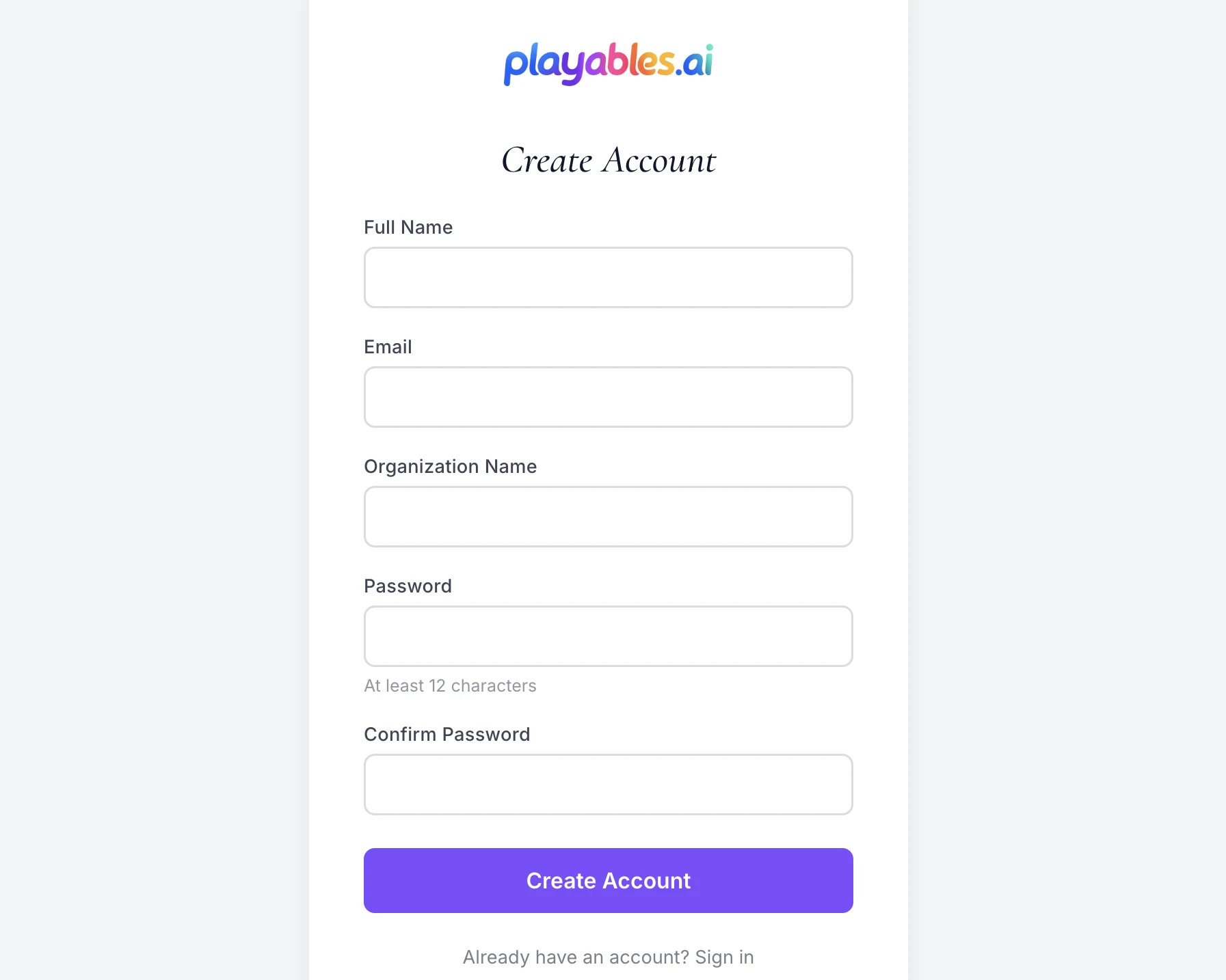 Screenshot of the PlayablesAI account signup