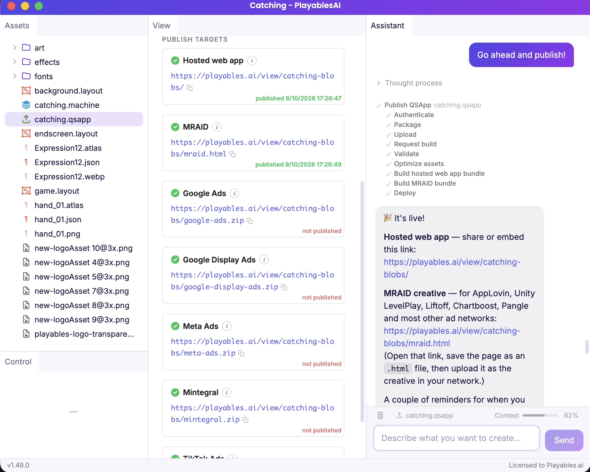 Screenshot of publishing a finished playable to an ad network