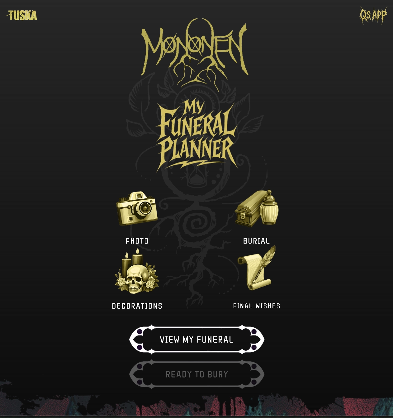 Tuska Funeral Planner — main menu screen with Photo, Burial, Decorations and Final Wishes options