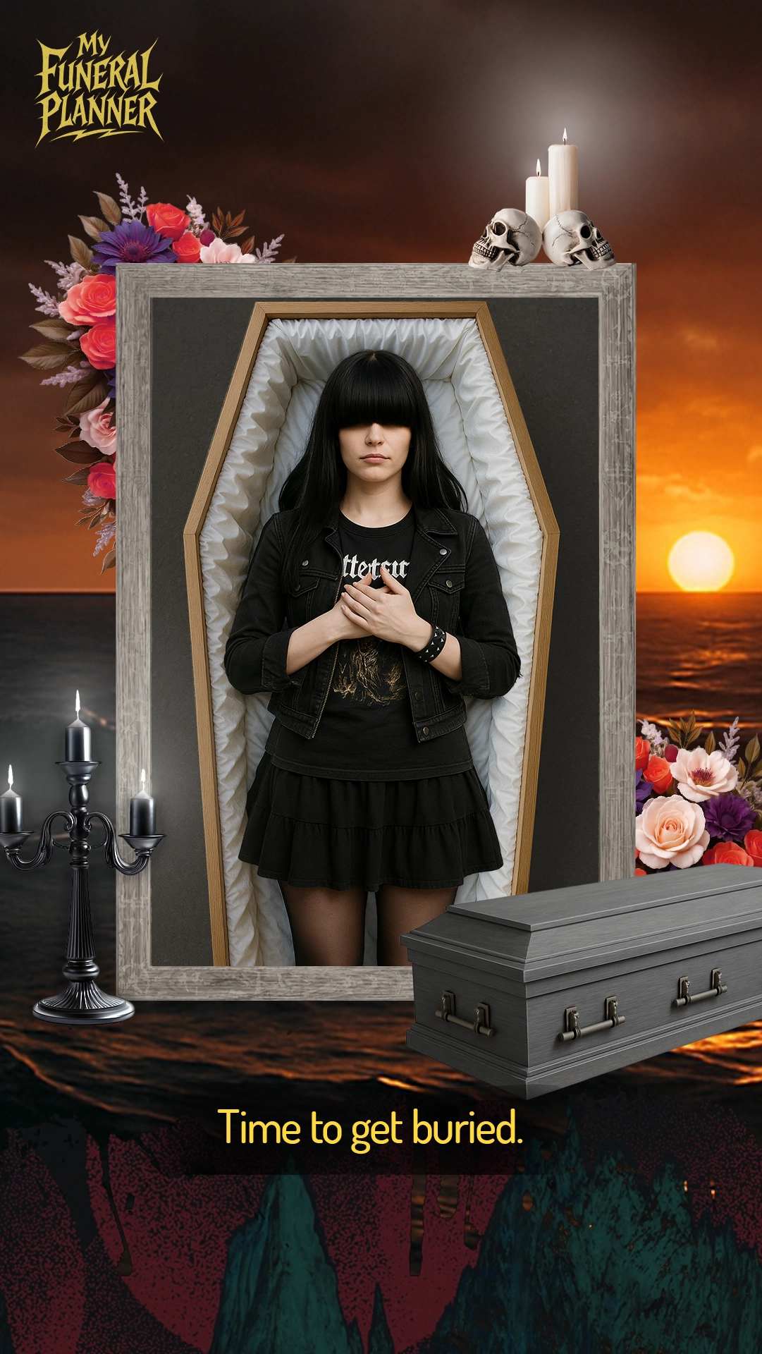 Tuska Funeral Planner — coffin preview with 'Time to get buried' caption